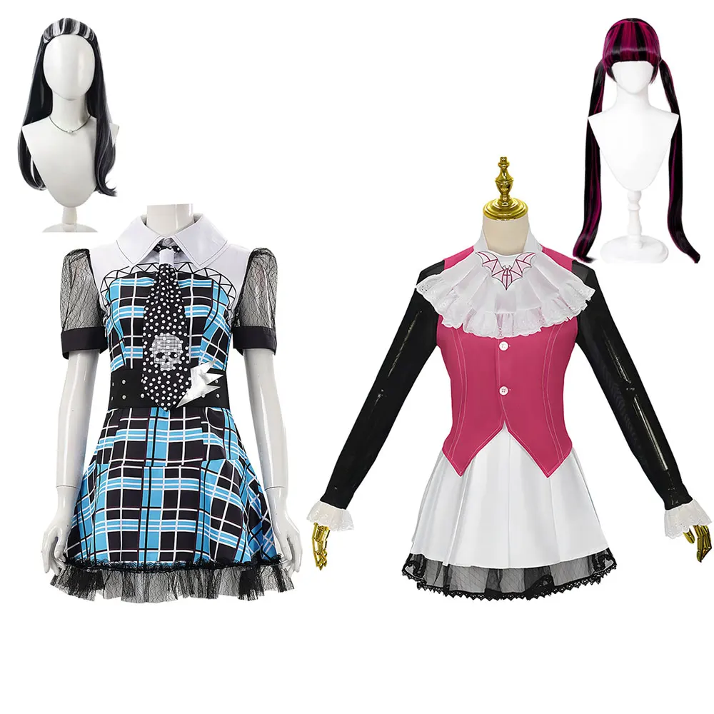 Kostium Cosplay Draculaura Frankie Stein Anime Fantasy Mundurek Szkolny Sukienka Peruka Zestaw Karnawał Halloween Przebranie dla Kobiet — 2