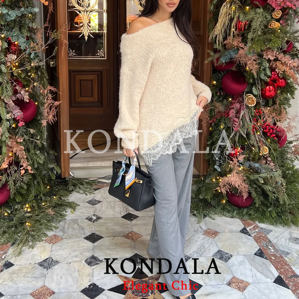 KONDALA Frauen Frühling Spitze Patchwork Pullover Schräge Schulter Gestrickte Pullover 2026 Mode Elegante High Street Weibliche Pullover