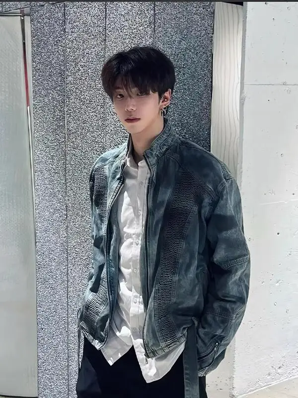 

Retro American Folded Denim Jaet Men's Autumn Winter Design Sense High Street Cool oulder Pad Stand Collar Jaet