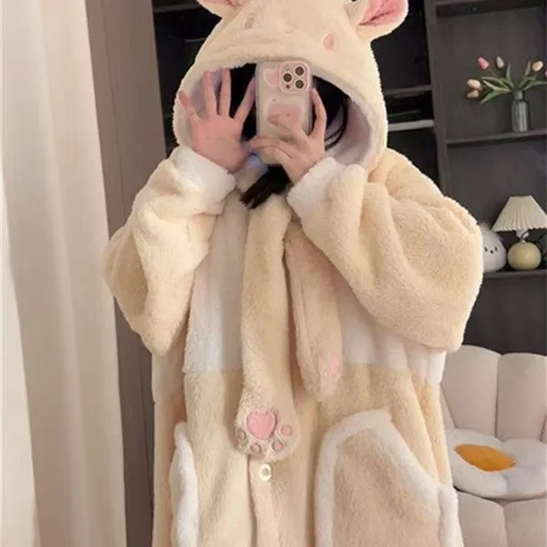 Winter Warm Velvet Hooded Nightgown Set Kawaii Plush Little Hamster Sleepwear Girls Thickened Casual Home Clothes Pajamas Set ﻿