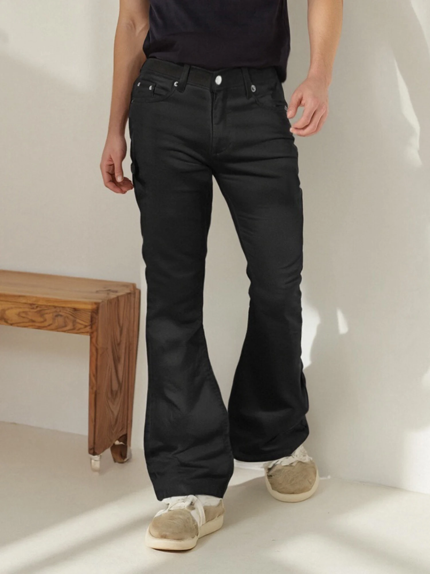 Men s Retro Flare Pants Solid Color Mid-Rise Trousers Casual Classic 70s Bell Bottom