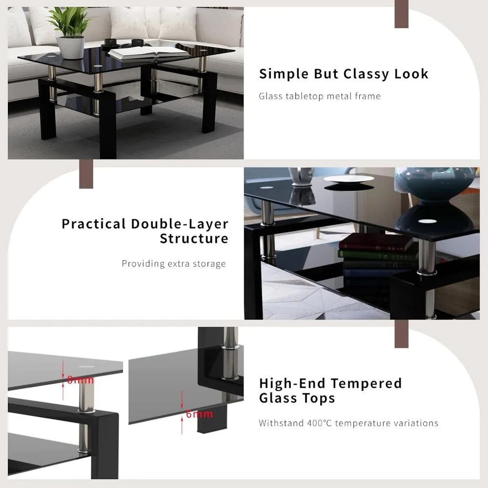 3-Piece Black Glass Living Room Table Set: Coffee Table and 2 Side Tables with Metal Frame