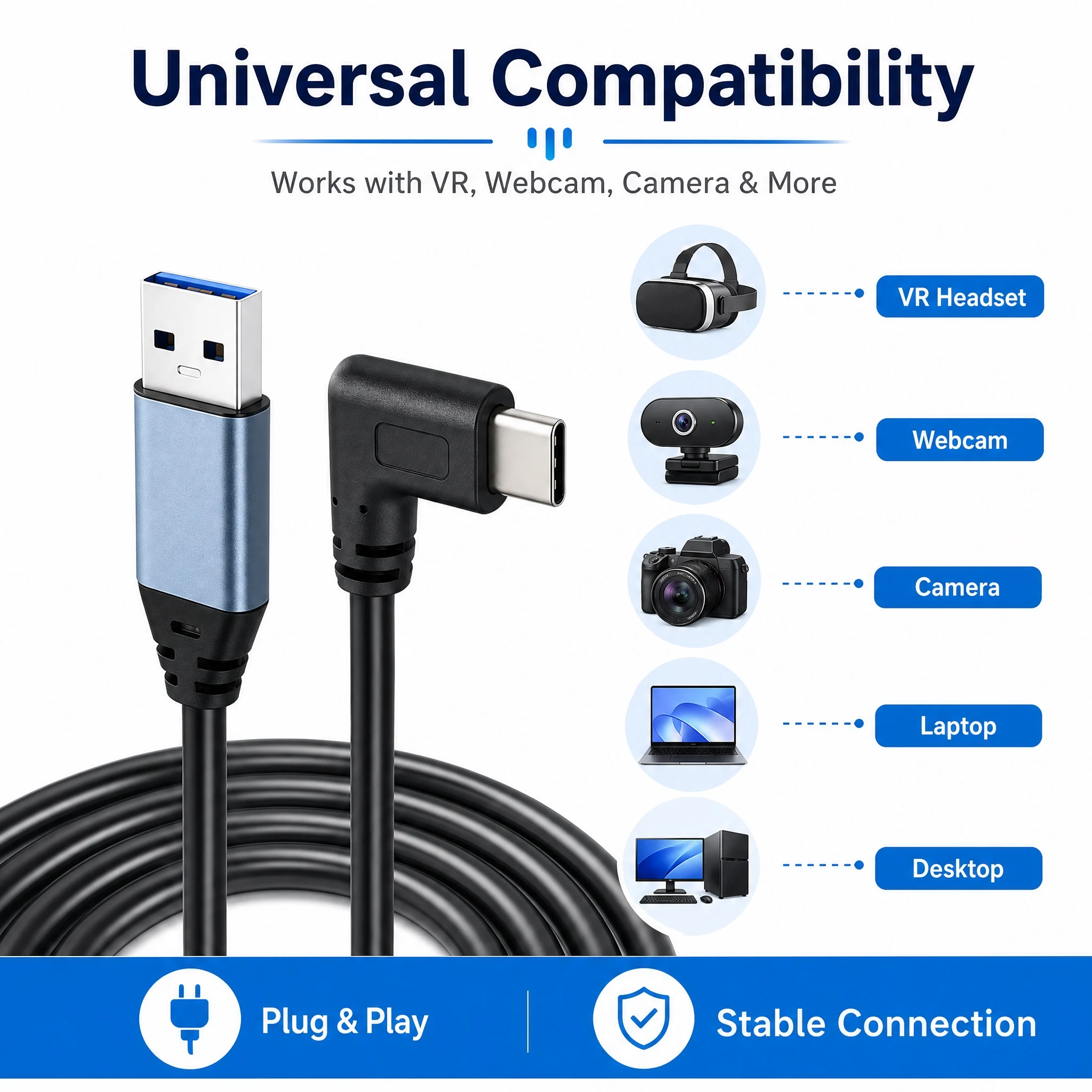 USB 3.0 Type C Extension Cable 5Gbps 90° Right Angle Type C Long Distance Data Cable  5-30M VR Link Cable for Camera Webcam VR
