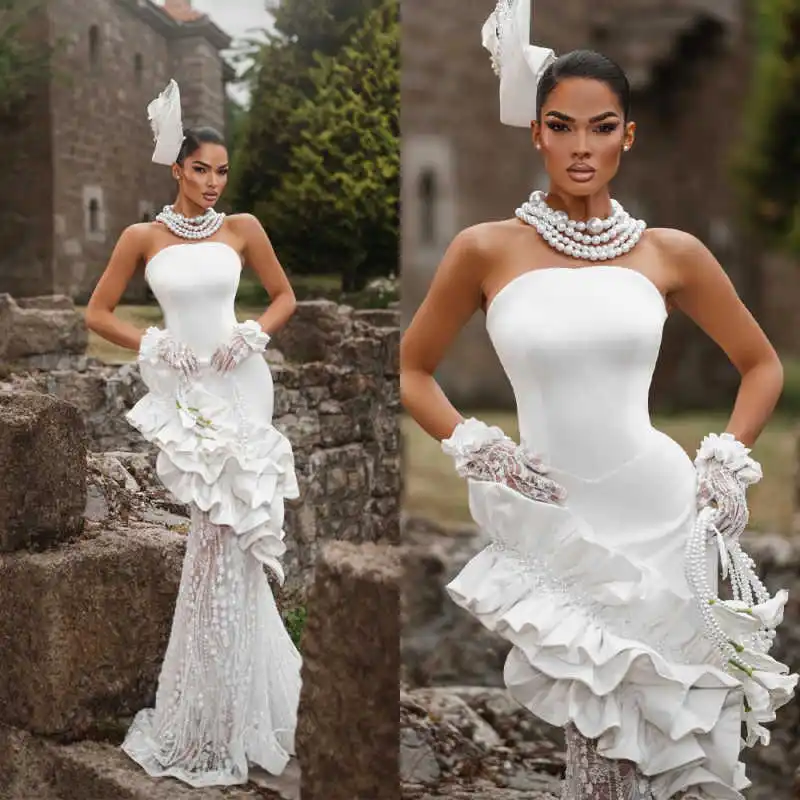 

Romantic 3D Flowers Wedding Dresses Strapless Sleeveless Wedding Dresses Ruffles Beaded Vestidos De Novia Customized