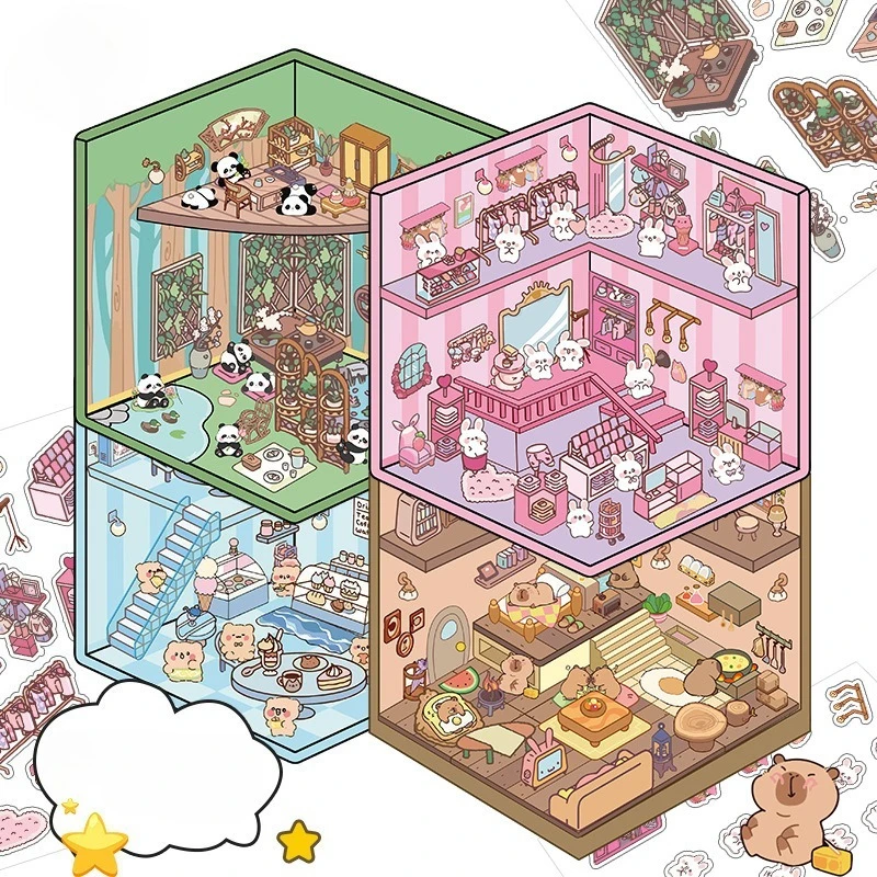 

Милая 3D штабелируемая наклейка для дома, милые мультяшные животные, сделай сам, декор, наклейка сцены для детей, диорамы, архитектура, игровой набор, наклейка