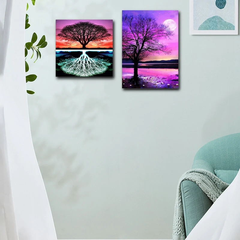 Paquete de 4 kits de pintura de diamantes 5D, kits de arte de pintura de diamantes para adultos por números, para decoración de pared del hogar, árbol