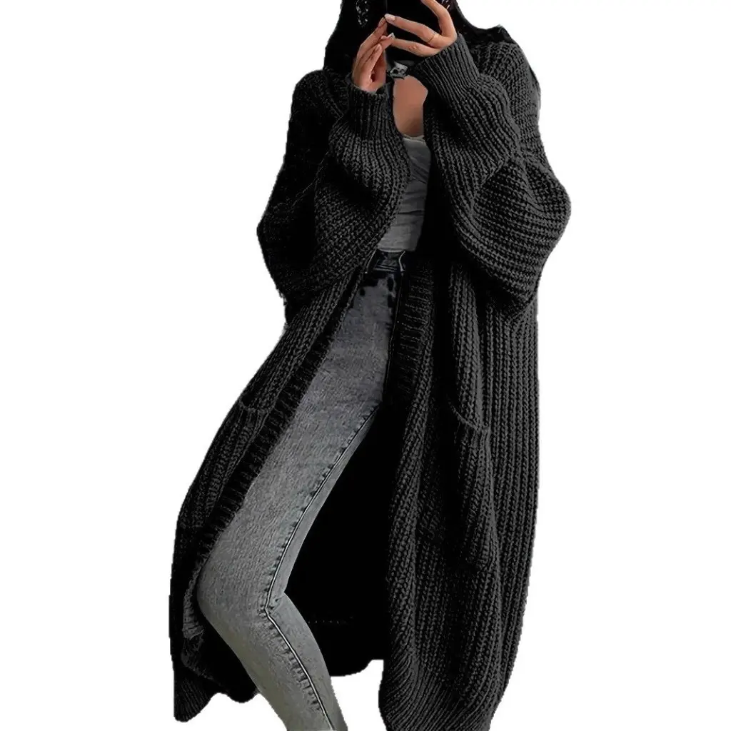 Kardigan Rajut Lengan Panjang Wanita dengan Kancing Depan Terbuka Warna Polos Pakaian Luar Kasual Mantel Panjang Sedang Gaya Baru