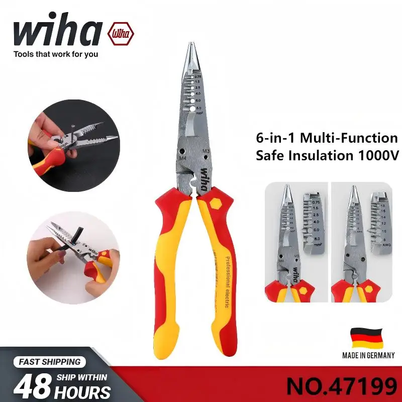 Wiha 47199 Multifunctional 6-in-1 Industrial Electrician Insulated Wire Strippers Pointed Crimping and Cutting Pliers 1000V VDE