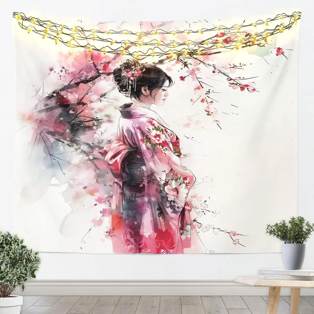 Japan Geisha Tapestry Cherry Blossoms Wall Art Japanese Tradition Wall Hanging Blanket for Living Room Bedroom Home Decor Small