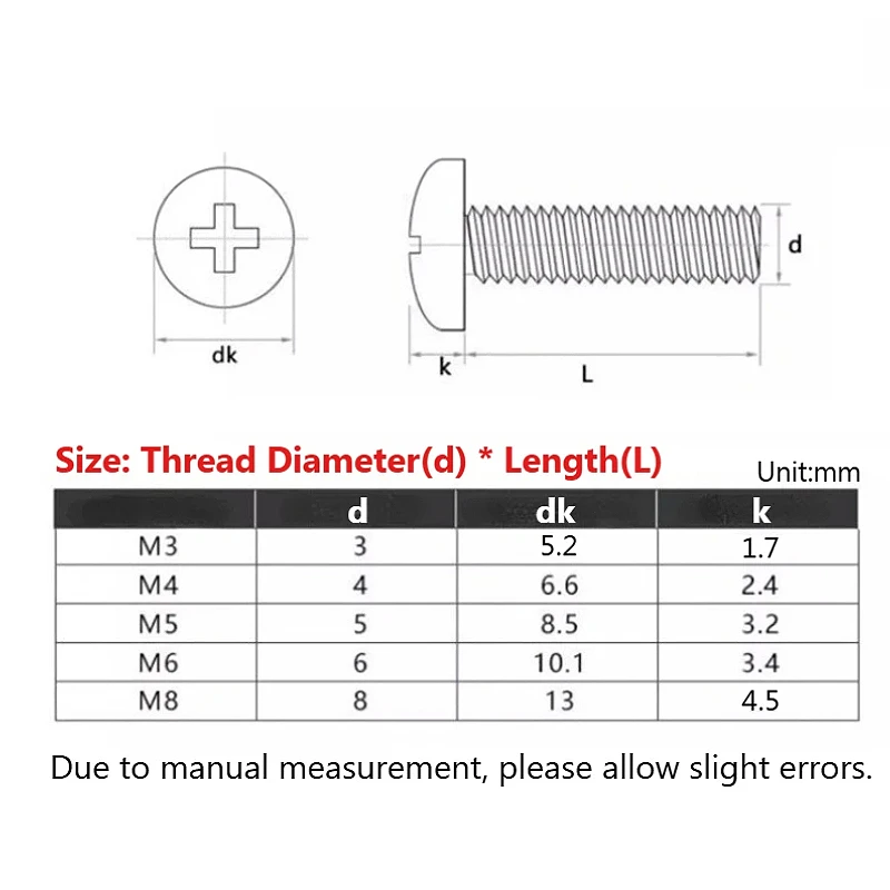 304 Stianless Steel  500h Passivation Salt Spray Cross Phillips Round Pan Head Screws Bolts YB818 M3 M4 M5 M6 M8 L:5~50mm