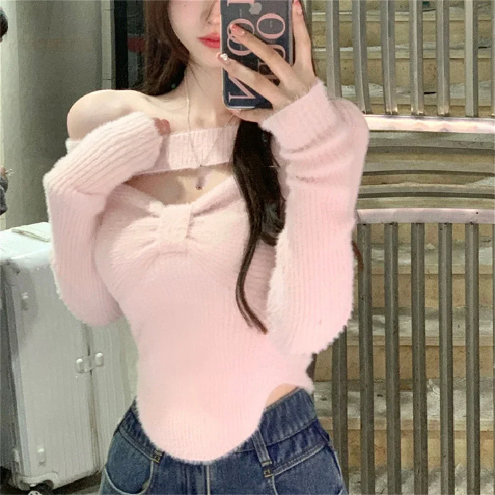 Sweet Sweater Women Irregular Halter Cropped Knitted Pullover Korean Off Shoulder Solid Jumpers Hollow Out Slim Knitwear V768