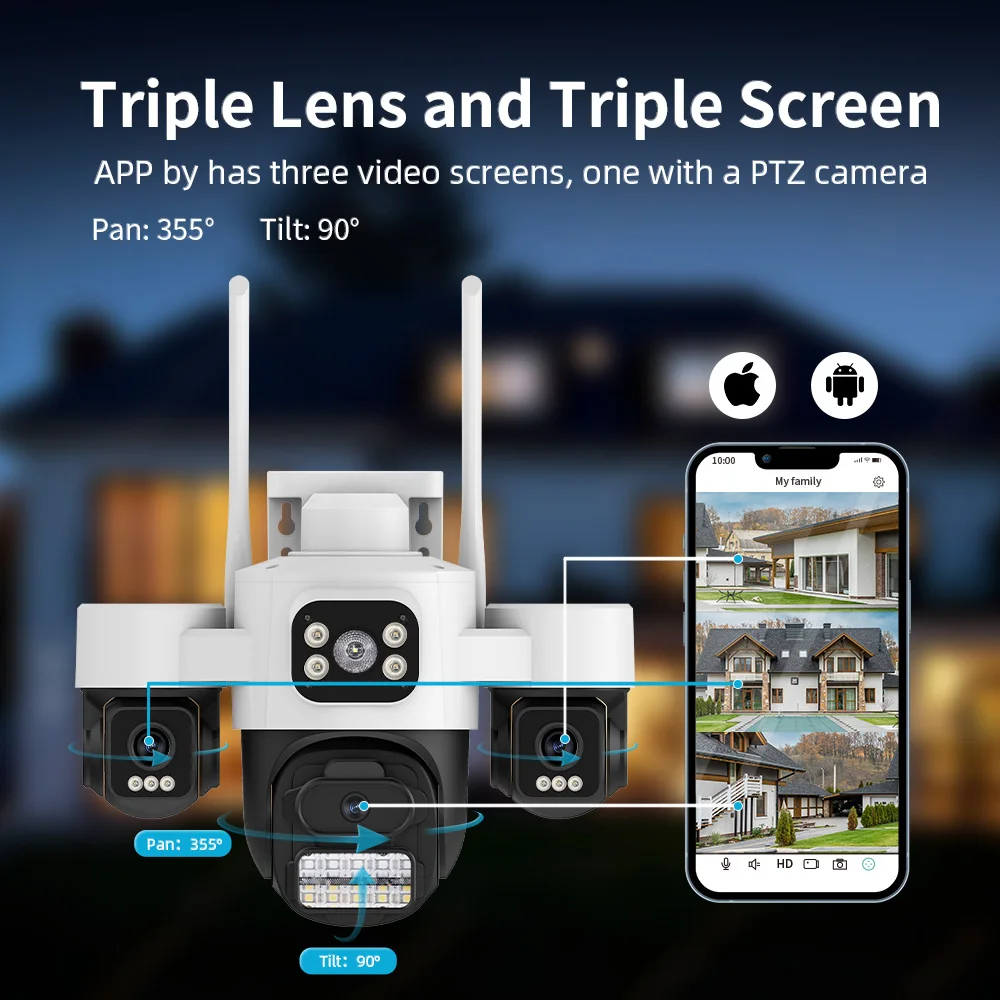 Outdoor Security Camera 3-Lens 15MP PTZ WiFi IP Cam with 3-HD Screen Auto Tracking IP66 Waterproof 2-Way Audio CCTV Surveillance
