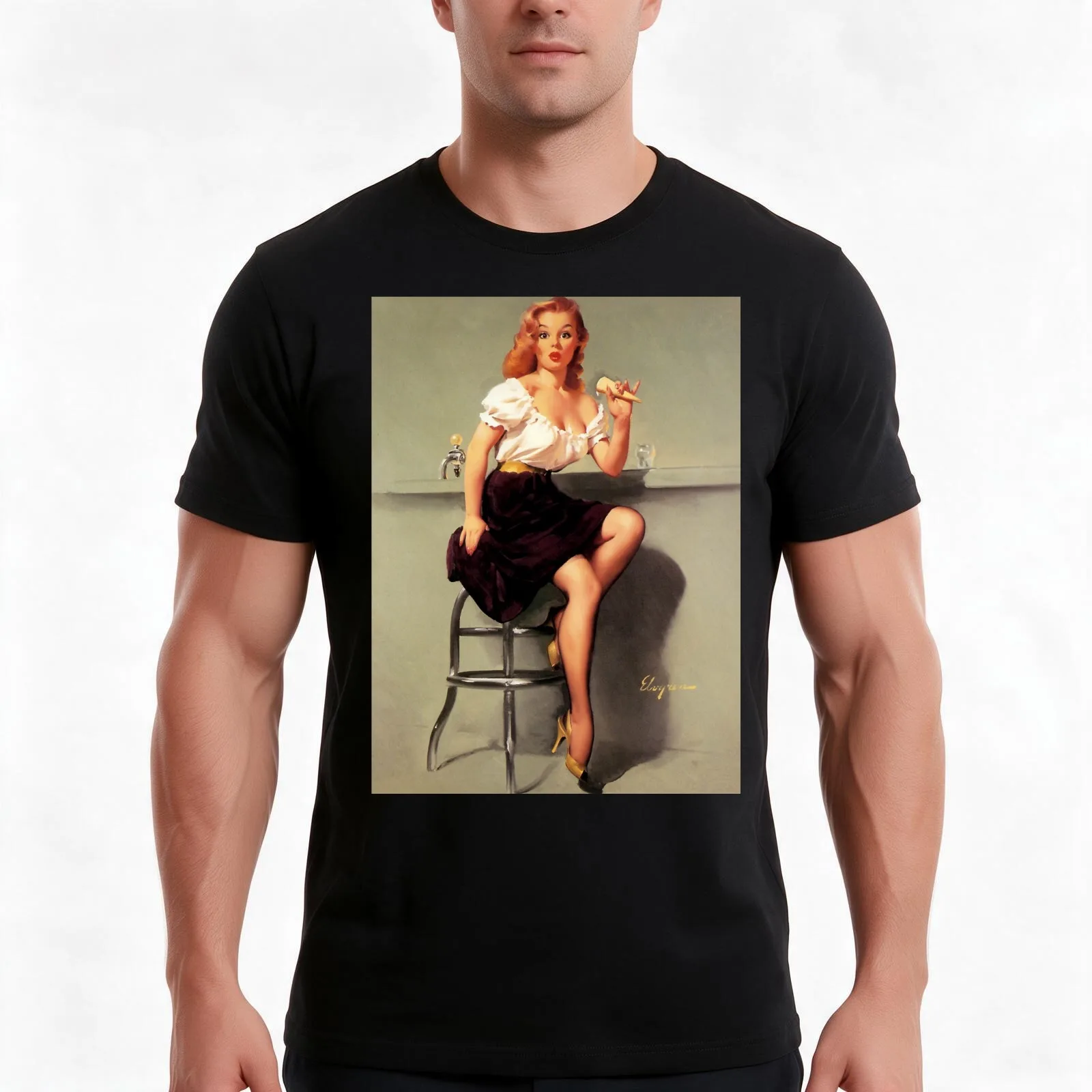 Vintage Gil Elvgren Pin Up Girl T-Shirt, Summer Casual Cotton Tee, Oversized Streetwear Tops, Vintage Graphic Print, 100% Cotton