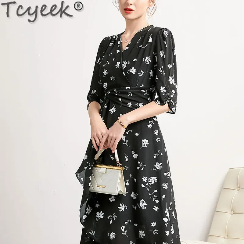 

Tcyeek 100% Real Mulberry Silk Womens Dresses Elegant Dresses for Women Clothes Fashion Summer Dress 2024 Vestidos Para Mujer