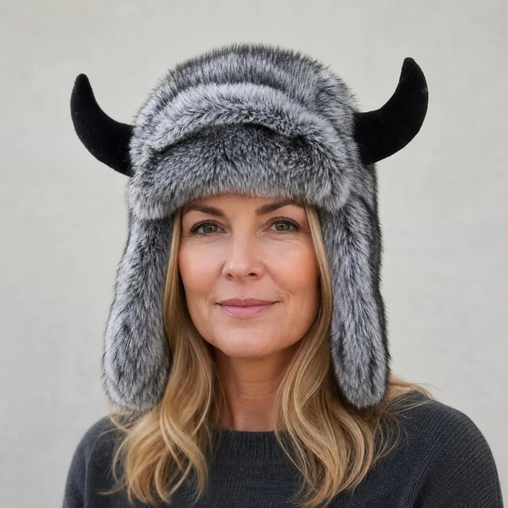 Soft Thick Horn Hat Faux Fur Lined Cow Head Shape Ear Protection Hat with Ear Flaps Keep Warm Winter Ski Hat Winter