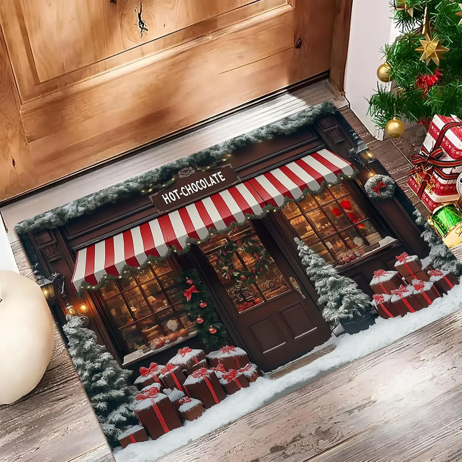 

Дверной коврик в реалистичном стиле, уличный рождественский венок, подарочная коробка, узор, дверной коврик, впитывающий и нескользящий для входа на открытом воздухе спереди