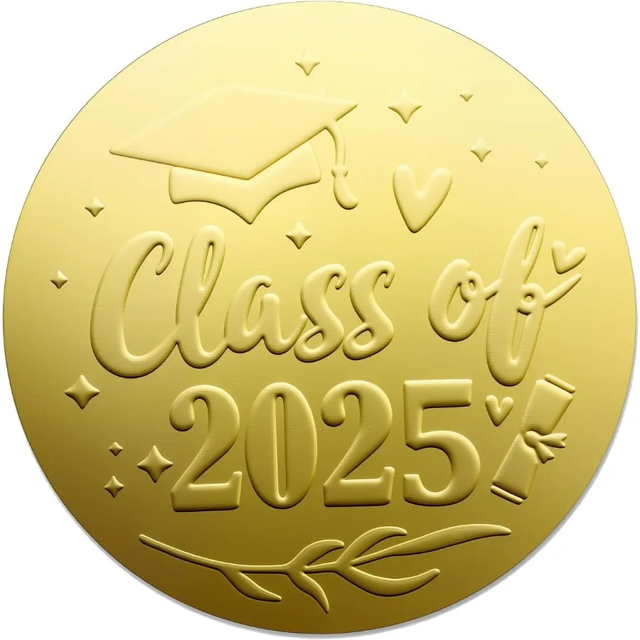 

100 тисненых клейких наклеек класса 2025 года, золотая фольга, выпускная этикетка, выпускная этикетка класса 2025 года, выпускные наклейки, уплотнения для конвертов, выпускник