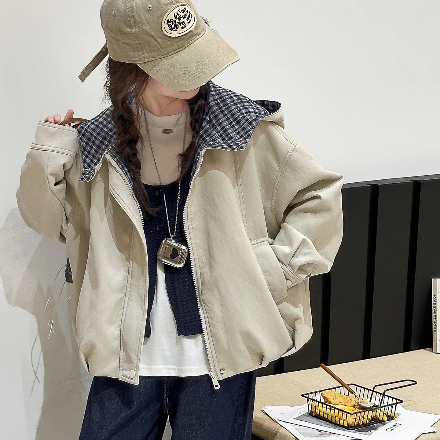 

2025 Korean Children Girls Coat Autumn Loose Plaid Patchwork Outerwear Junior Girls Long Sleeve Versatile Leather Jacket