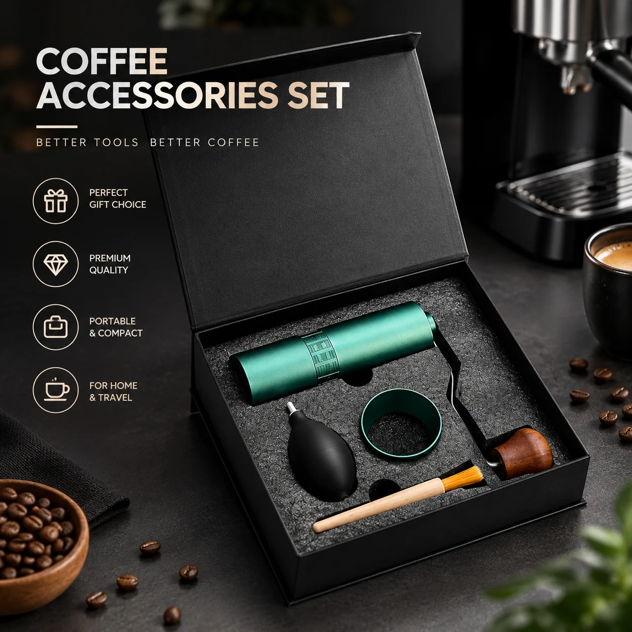 Magpie Manual Coffee Grinder Gift Set Adjustable Burr Coffee Bean Mill with Cleaning Brush Air Blower for Home Barista