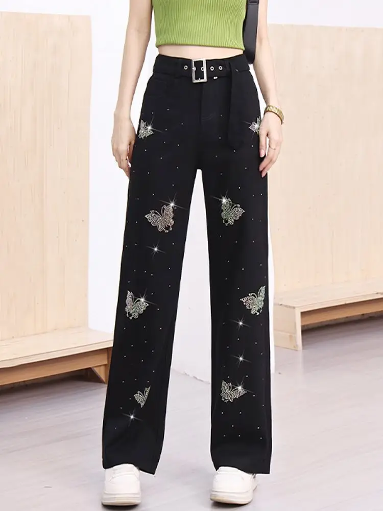 

Fashionable High-Waist Straight-Leg Denim Jeans Women's Spring Summer New Style Rhinestone Slimming Casual Long Tro...