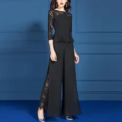 Women's Spring Autumn New Fashion Solid Color Round Neck Lace Splice Style Versatile 7/4 Sleeves Slim Fit Wide Leg Pants Suit