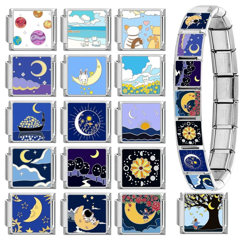 2026 Blue Night Sky Moon Star Planet Flowers Cat Italian Charm Links Fit 9mm Stainless Steel Bracelet Men Women DIY Making Gifts
