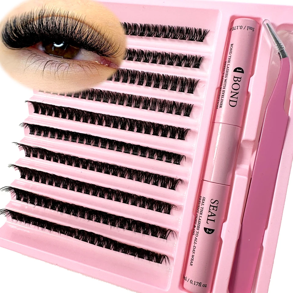 Kit de extensiones de pestañas DIY con bond, seal y removedor, 200 PCS clusters, herramientas de maquillaje para pegar pestañas