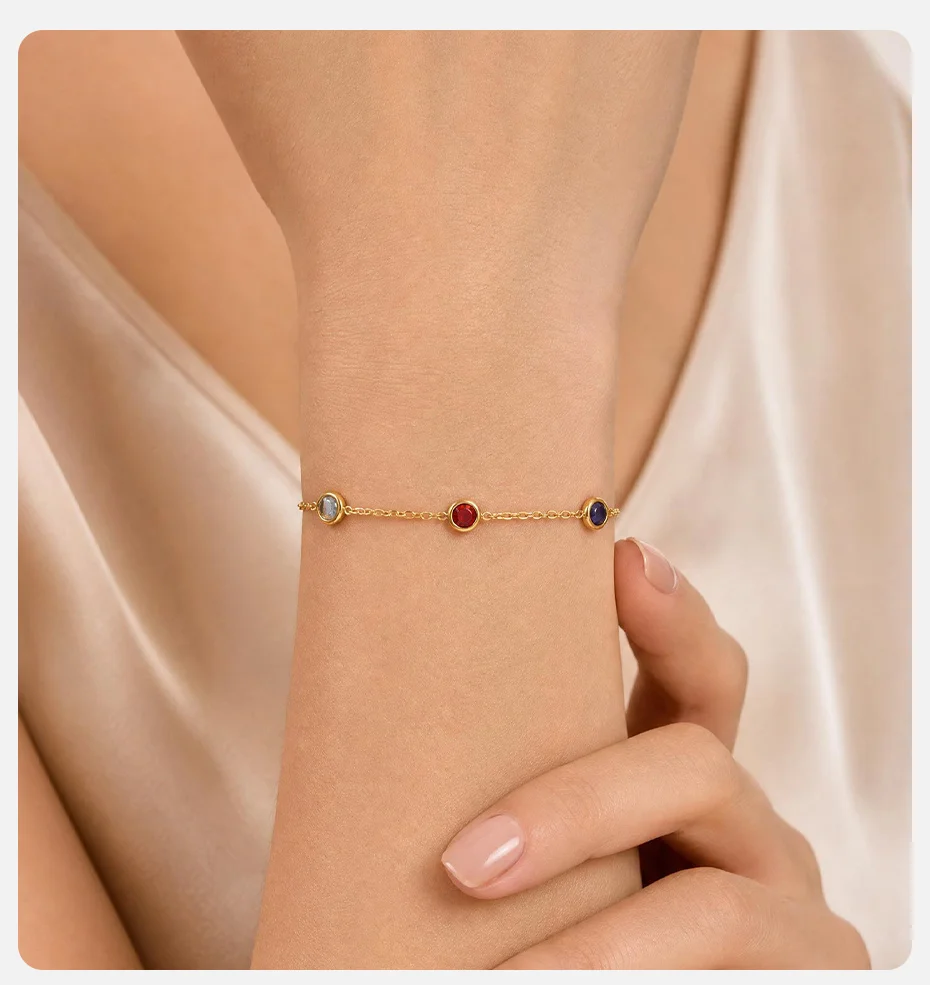 Vnox Minimalistisches, vergoldetes, mehrfarbiges Zirkonia-Schmuckset mit Halskette, Ohrringen und Armband für Damen, trendiger, farbenfroher Kristallschmuck – Detail 2
