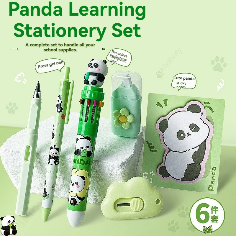 6Pcs Cute Panda Stationery Set Birthday Present Back To School Gift Pencil Eraser Students School Office Correction Tape Kids