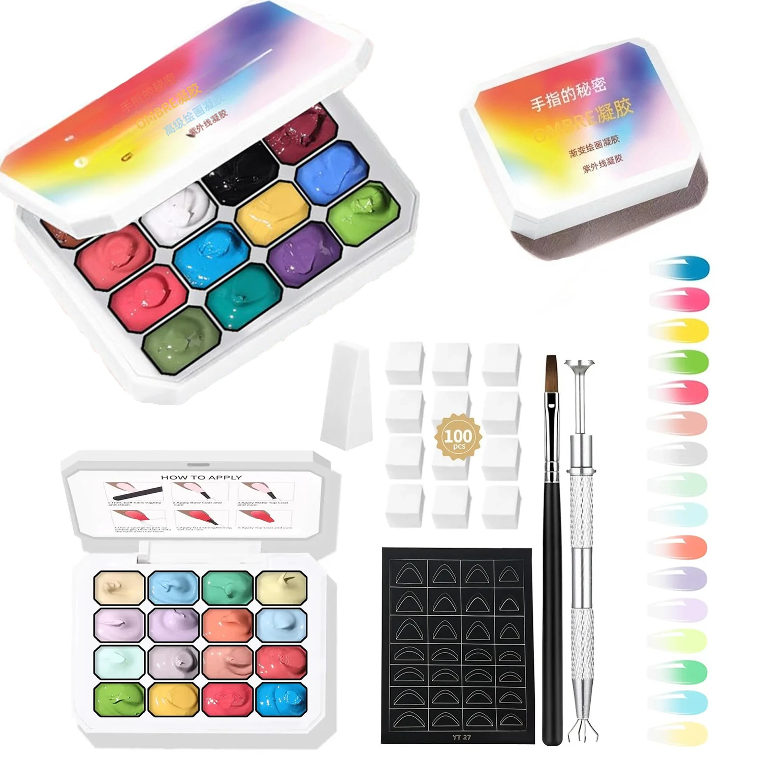 

16Grids High Saturation Gradient Painting Gel Palette Semi-Solid Nail Art Set with 100pcs Mini Sponge Set For Pigmented Manicure