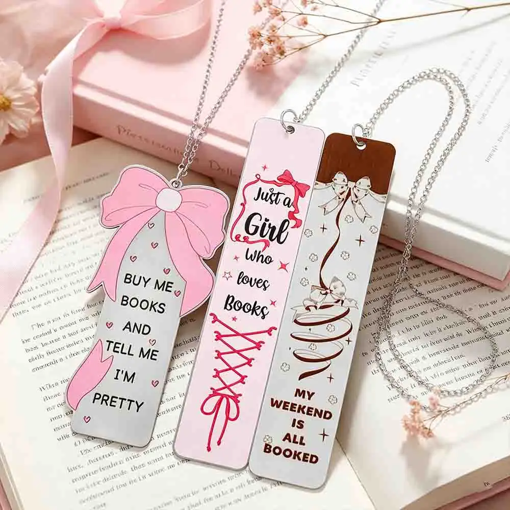 Metal Bookmark Page Marker Ribbon Bow Heart Pendant Pink Stationery Student Gift Creative Design Reading Accessory Bookmark