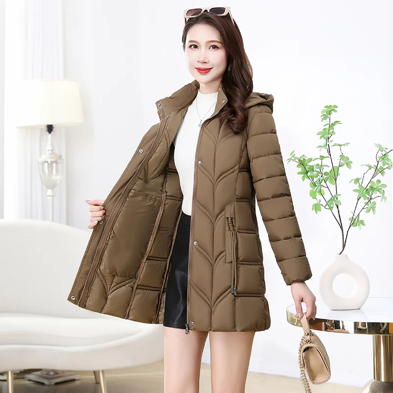 Winter Slimming Slim Fit Mid To Long Length Cotton Jacket for Women Waist Cinching Warm Detachable Hat Outwear Female Overcoat