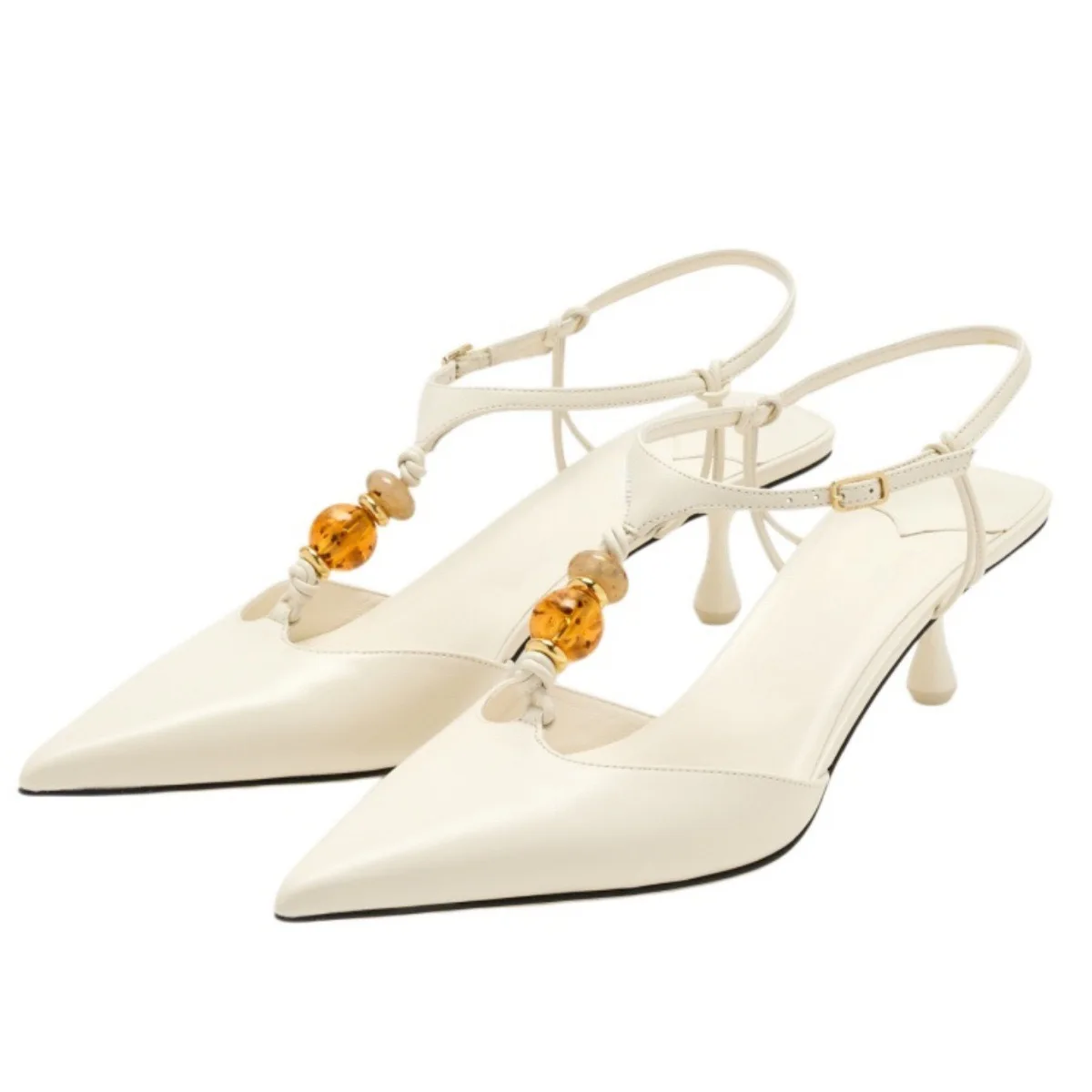 

2026 Spring/Summer New Women's Suede High Heels Beaded Ankle Strap Pointed Toe Slingback Brown White Elegant Party Pumps