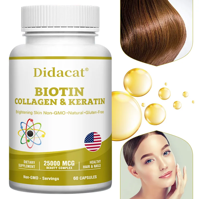 Cápsulas de colágeno y queratina 5000 mcg - con biotina, vitamina, destino, ácido hialurónico, fórmula saludable, suplemento dietético, sin gluten