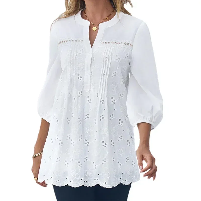 

Summer Clothes for Women All-match White V-Neck Hollow Out Pullover Nine Points Sleeve Blouse Lace Slim Elegant Shirt Tunic