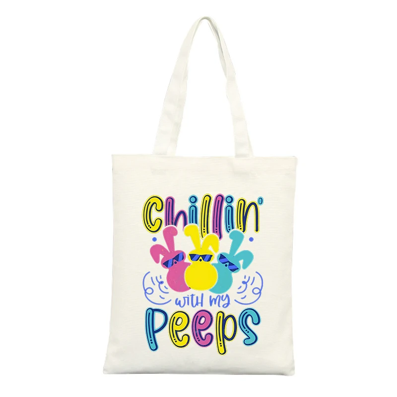Canvas Tote Bag with Rabbit and Slogan Print, Casual Style for Daily Use and Shopping
