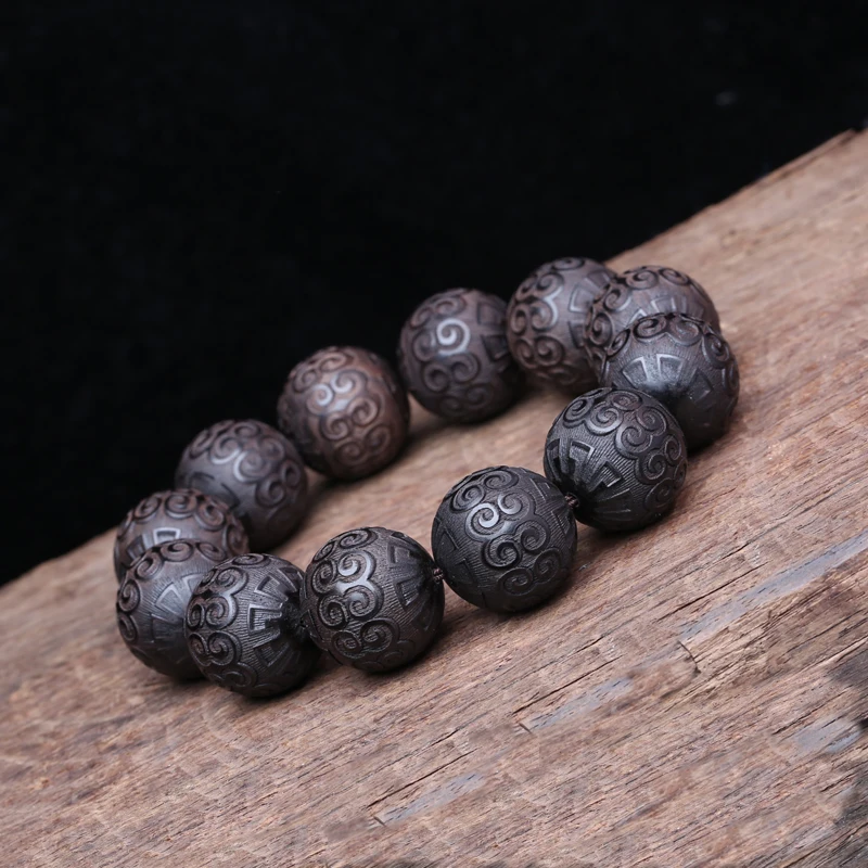 Armband aus natürlichem Ebenholz, Perlen mit Schlüsselmuster, verheißungsvolle Wolkenperlen, Gebetsperlen, Glücksdekorationen, klassische geschnitzte Armbänder – Detail 4