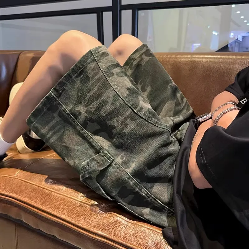 

American Washed Camouflage Denim Shorts Men's Summer High Street Vibe Workwear Loose Five-Point Pants Straight Leg Jeans