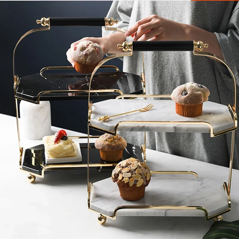 Luxury Nordic Marble Cake Stand 2 Layers Dessert Display Shelf Elegant Afternoon Tea Table with Multi-Functional Storage Tray