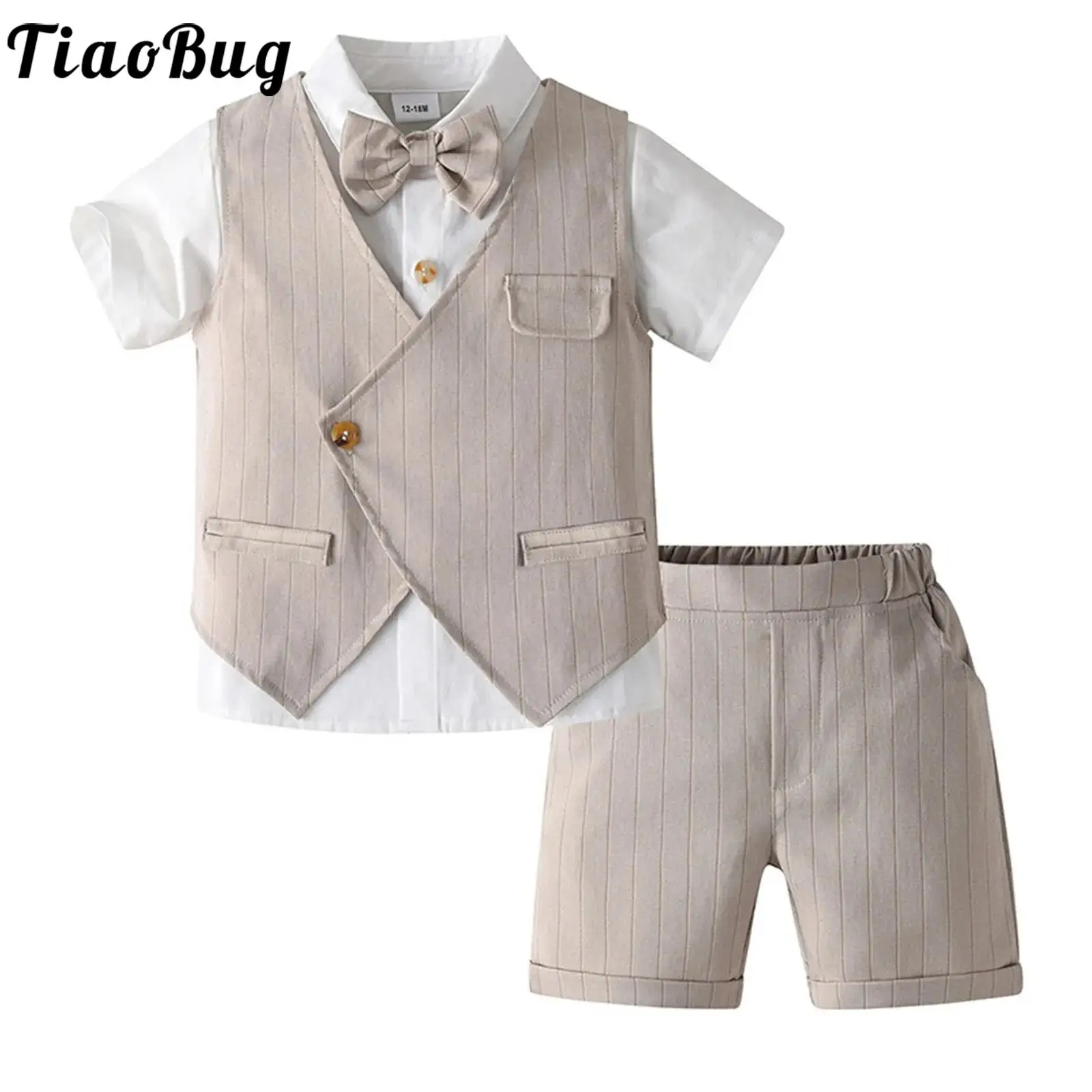 Baby Boys Clothes Gentlemen Suit Outfit Lapel Short Sleeve Bow Vest Shirt Tops with Shorts for Kid Baptism Banquet Wedding Party