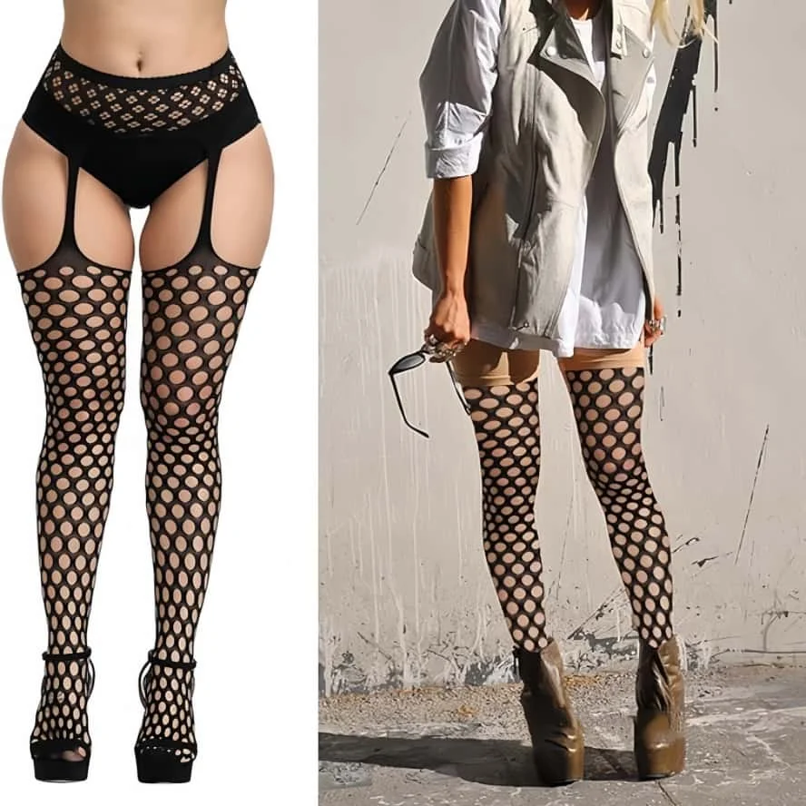 Plus Size Womens Fishnet Hollow Out Mesh Pantyhose Girls Cosplay Black Tights Stockings Thigh Lingerie Sexy Night Club Wear XXXL