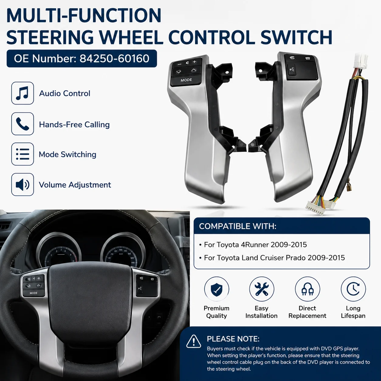 

High Quality 84250-60160 For Toyota 4Runner Land Cruiser Prado 2009 - 2015 Multifunction Steering Wheel Control Switch