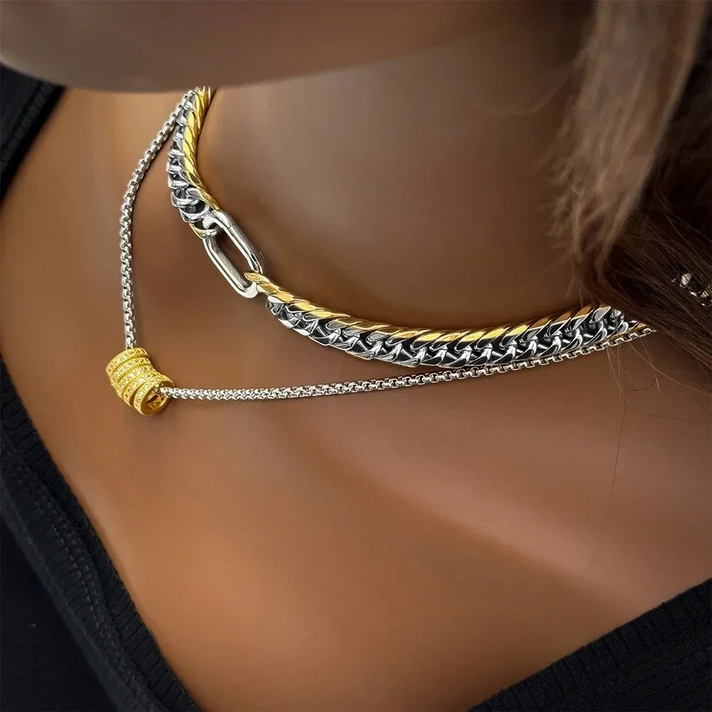 2024 New Design Jewelry Waterproof 18k Gold Plated Stainless Steel Two Tone Cuban Chains Choker Zircon Charm Necklace for Women