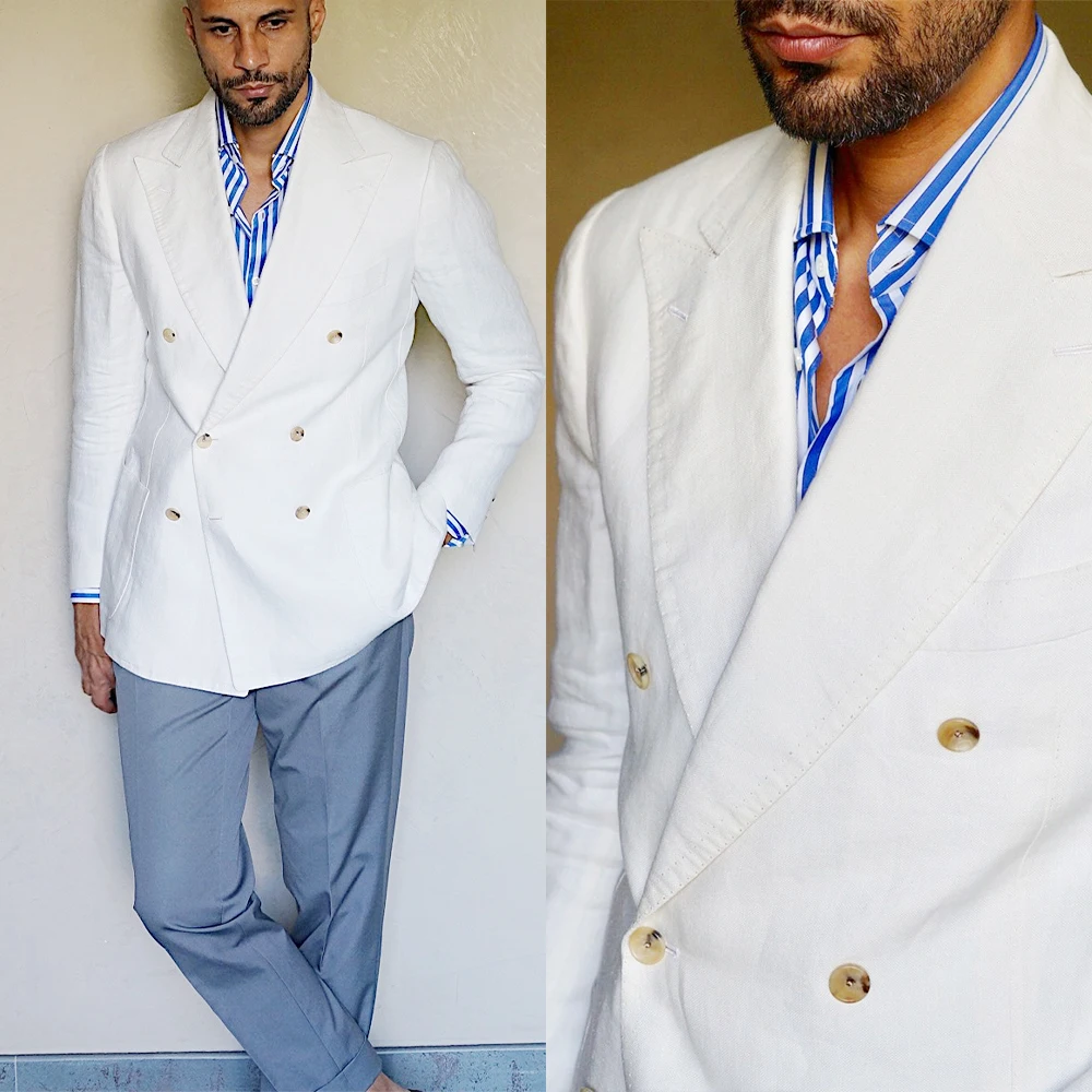 Summer White Tuxedos Custom Made Double Breasted Peaked Lapel Slim Fit Jacket Business Daily England Style 1 Piece Set