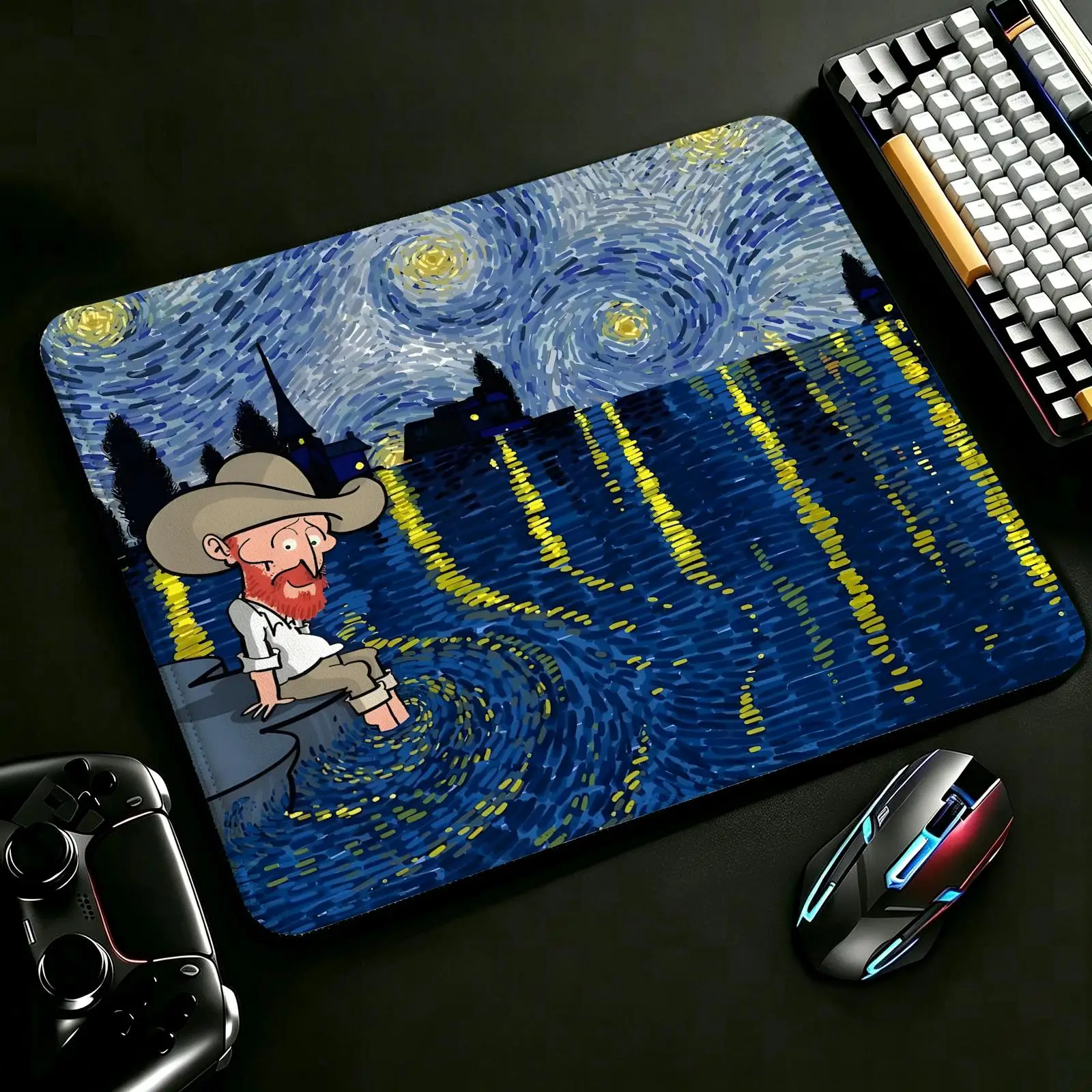 Mouse Pad Compact S/M‑L E‑Sports Pad, Tough Stitched Border for Lightweight Portable Laptop and Office Gaming Cartoon Van Gogh