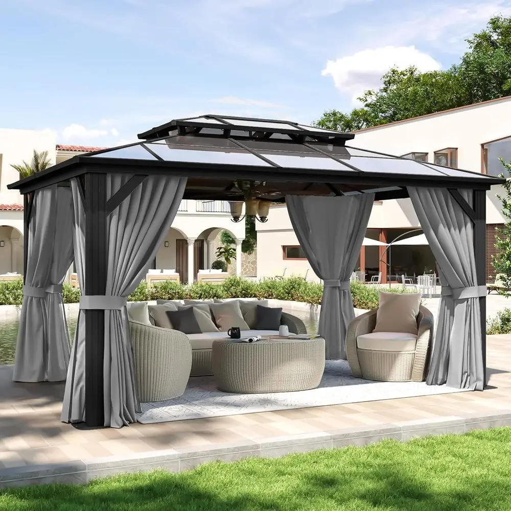 

10'x14' Hardtop Gazebo, e Permanent Pavilion with Curtains and Netting, Outdoor Polyte Double Roo , Gray