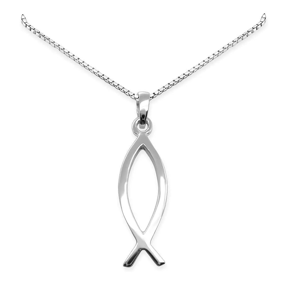 

Серебряное колье 925 пробы с изображением рыбы Ихтус для женщин и подростков — минималистичное христианское украшение для крещений, конфирмаций и других церемоний.