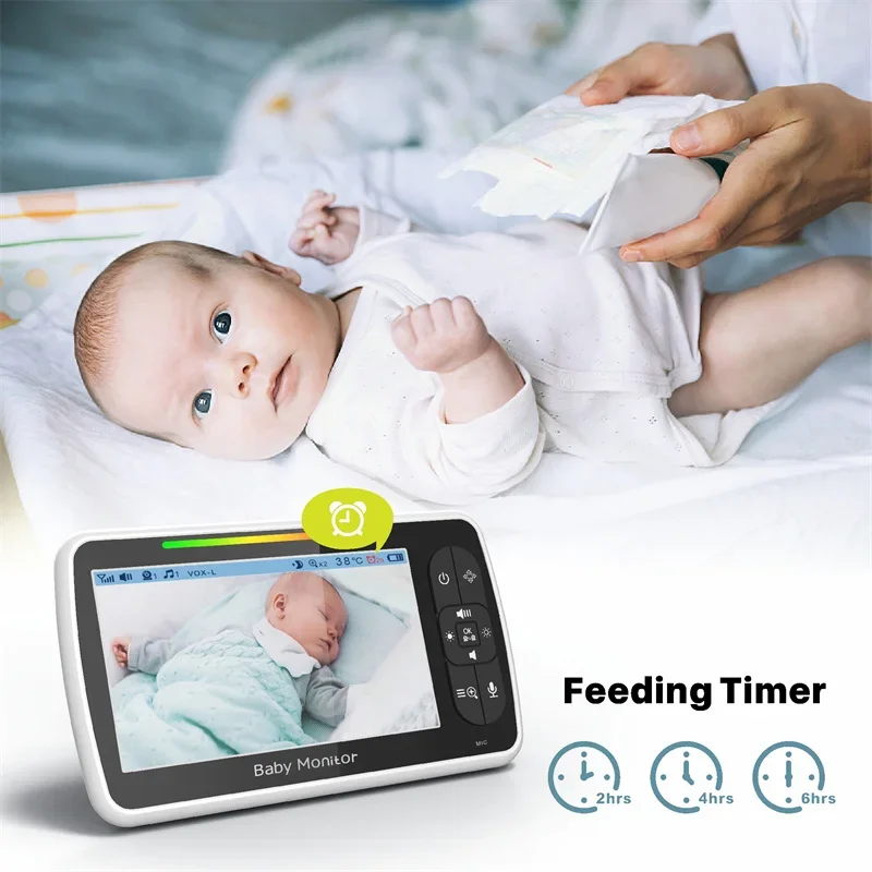 Babystar Monitor de vídeo para bebés de 5 pulgadas con cámara y audio con zoom remoto Pan-Tilt. Baterías de cuna con modo VOX de conversación bidireccional