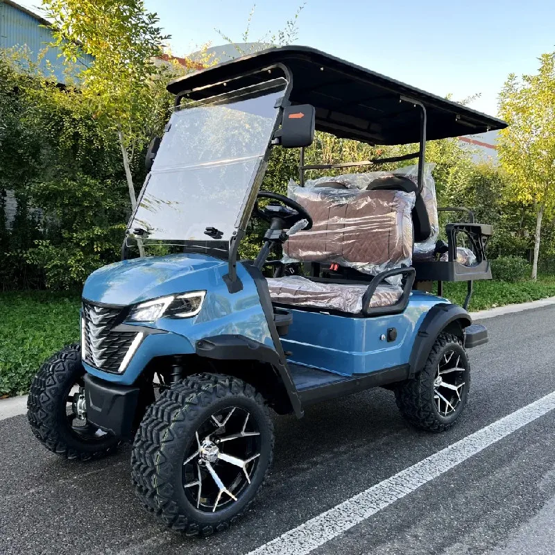 Caddie de golf tout-terrain personnalisé avec support de sac de golf, 4 roues, frein à disque, écran de 14 pouces, châssis haut, voiture de club 4 places