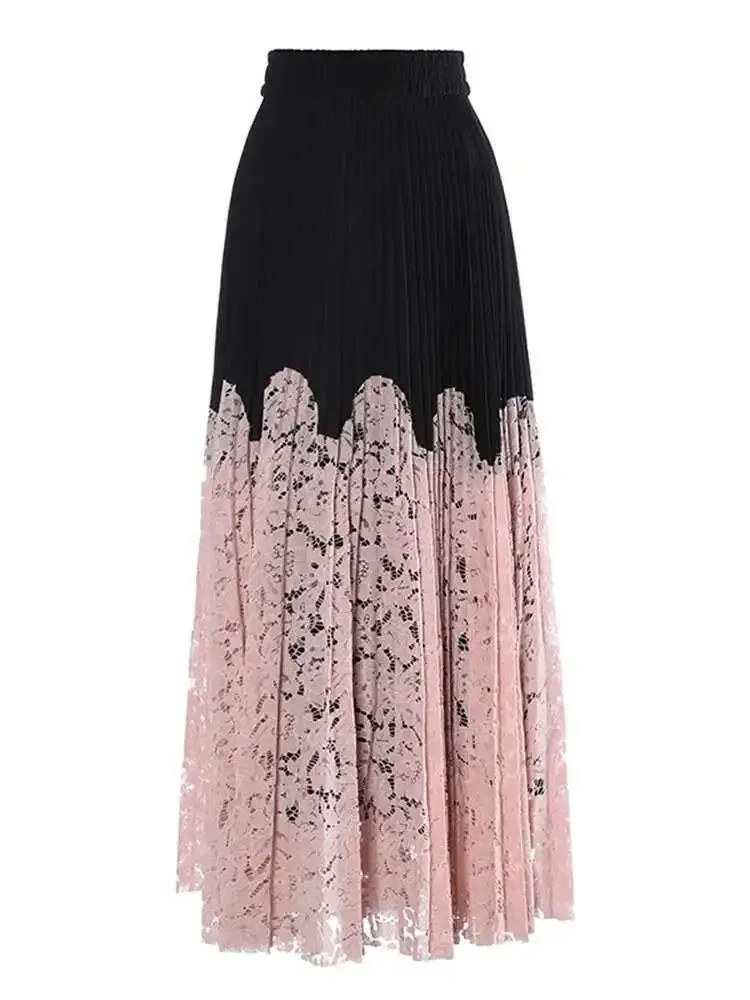 Lace Spliced Printing Pleated Skirts For Women High Waist Loose Causal Colorblock Skirt Female Fashion New Clothes CEZR